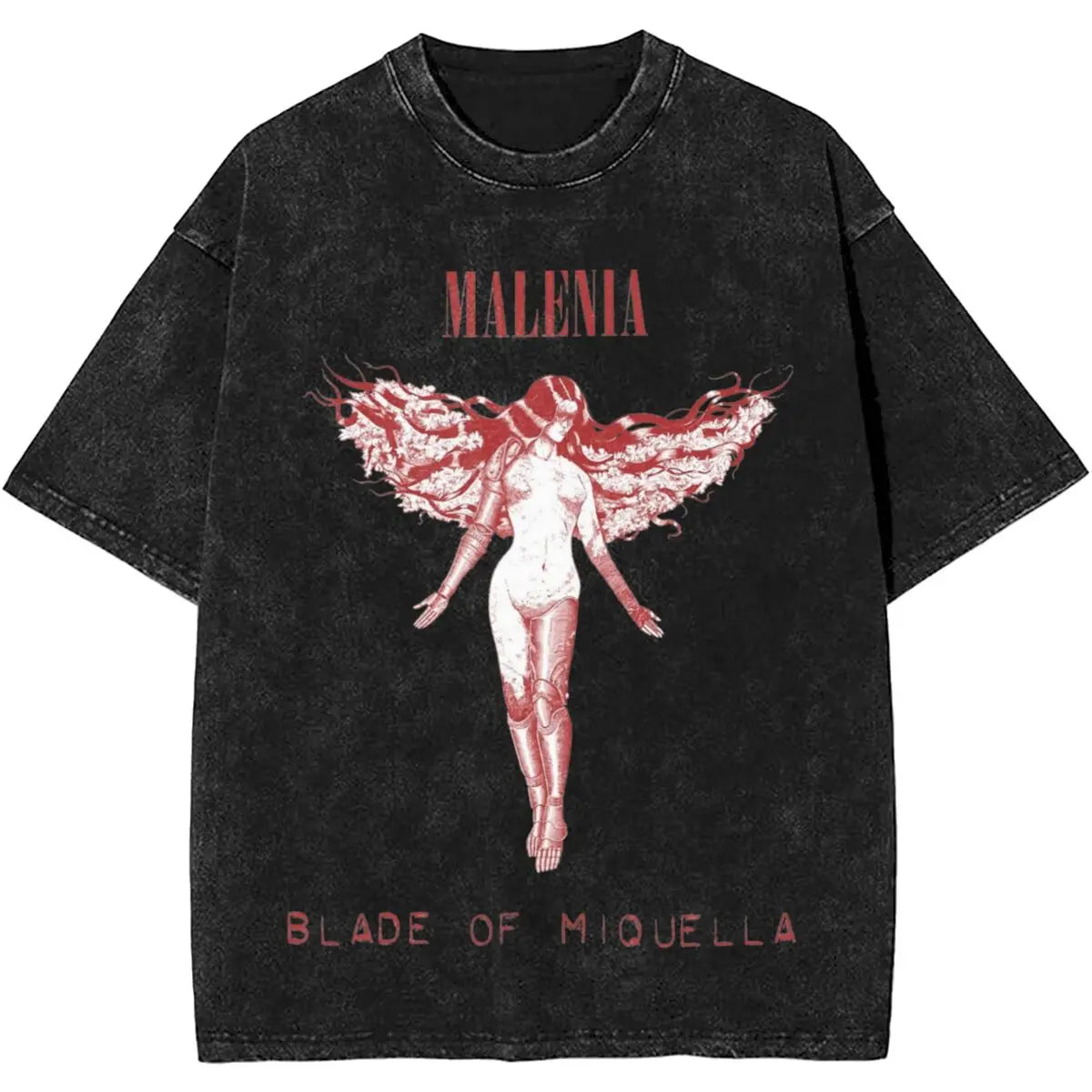 Black t-shirt with graphic design and text on a white background