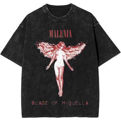 Black t-shirt with graphic design and text on a white background