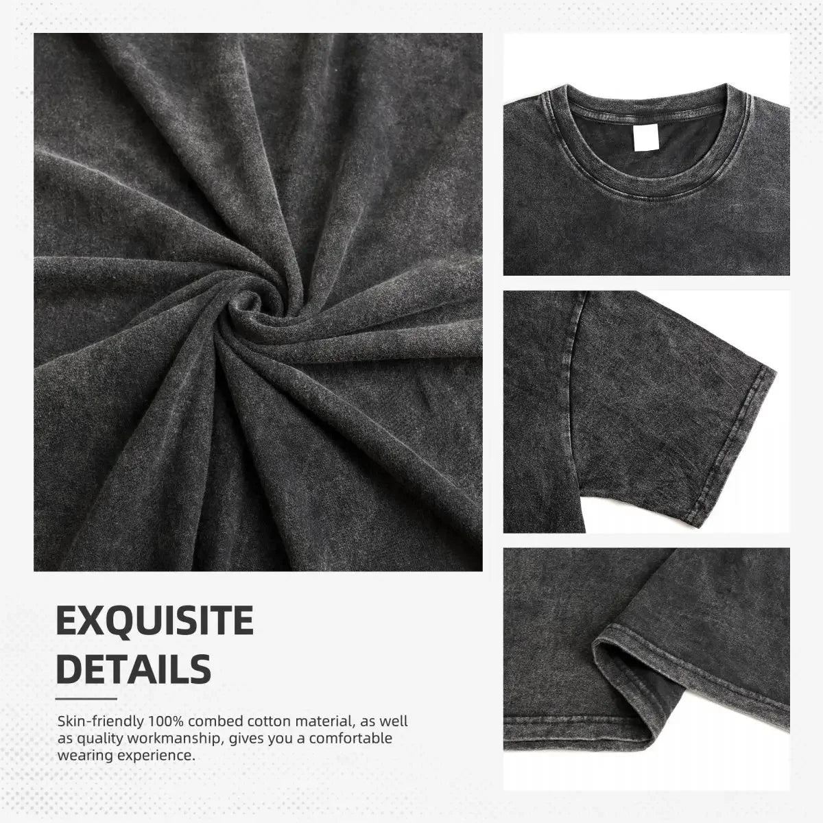 Gray t-shirt fabric and t-shirt with text about material and workmanship.
