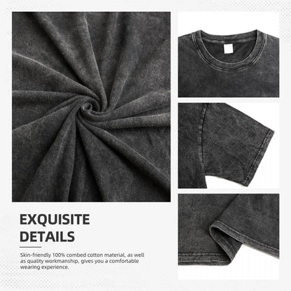 Gray t-shirt fabric and t-shirt with text about material and workmanship.
