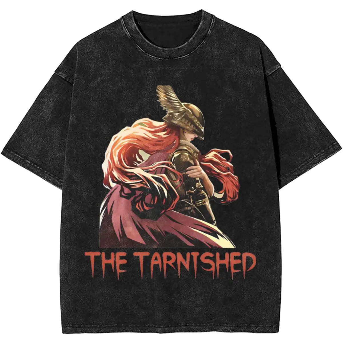 Black t-shirt with an anime-style warrior design and 'The Tarnished' text on a white background