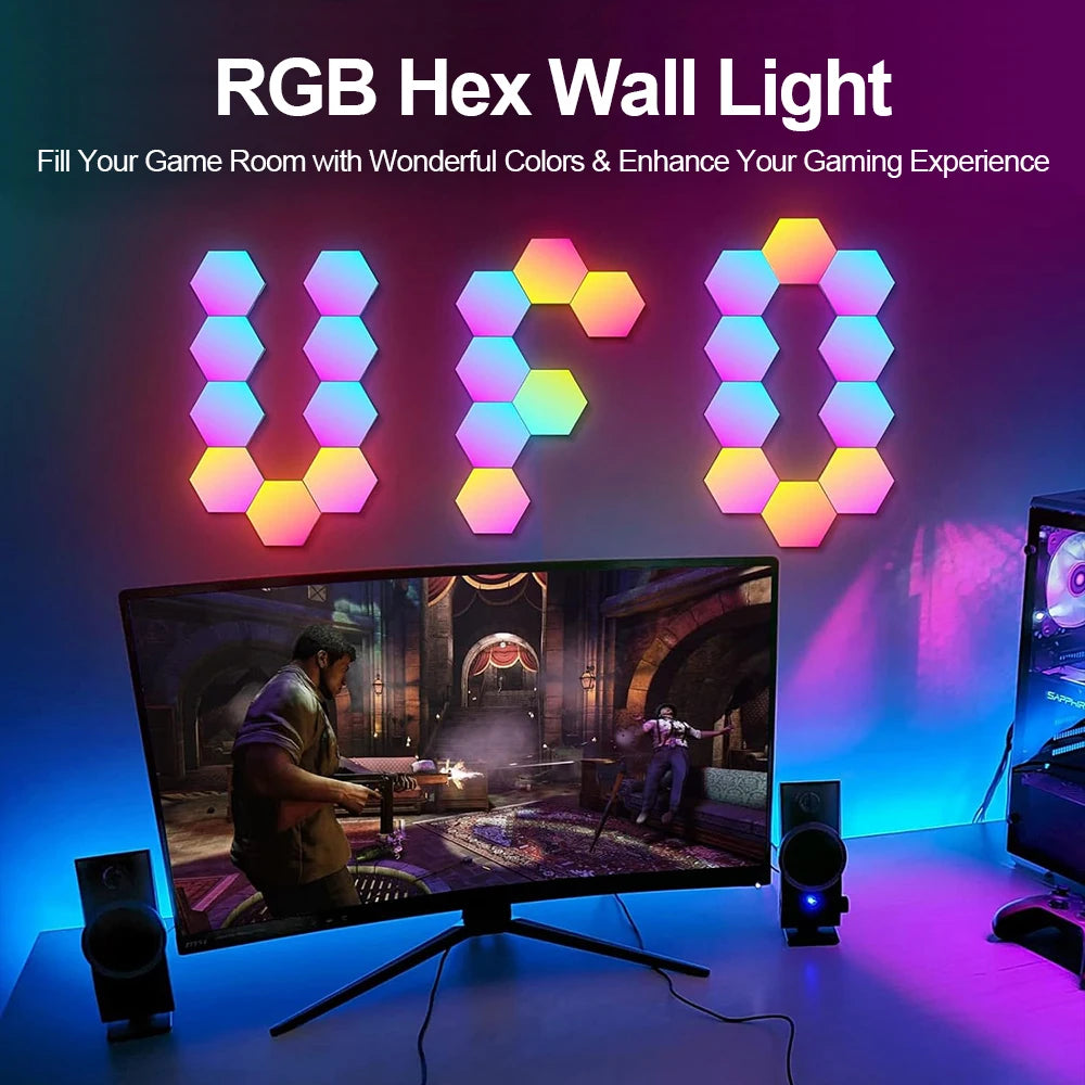 Smart RGB Hexagonal Wall Lamp - Color Changing Music Rhythm App Control - Game Room or Bedroom