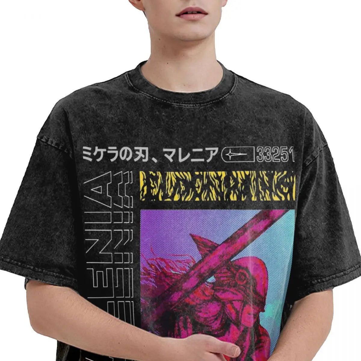 Person wearing a black t-shirt with colorful graphic design and text