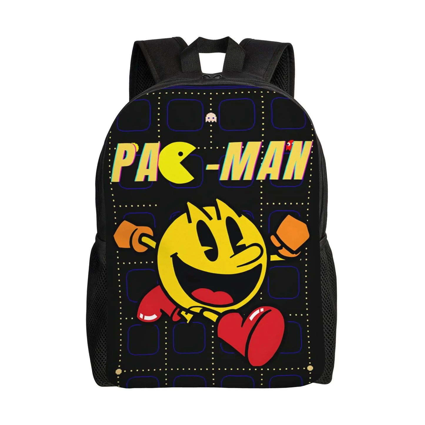 Pac-Man backpack with character design on a black background