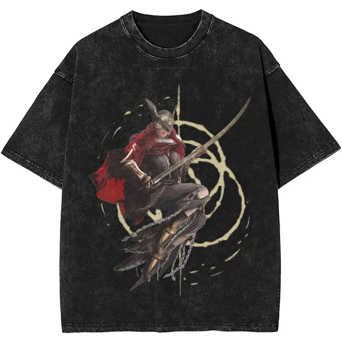 Black t-shirt with a graphic design of a red rose and two fish on a white background
