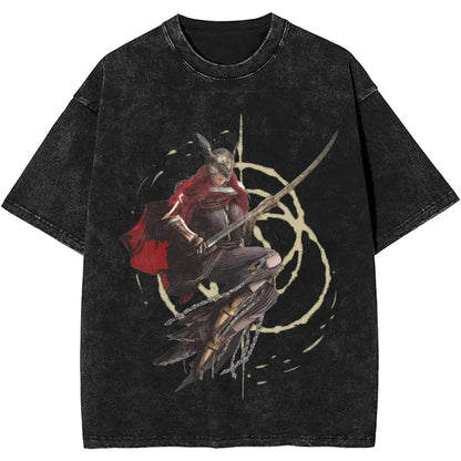 Black t-shirt with a graphic design of a red rose and two fish on a white background