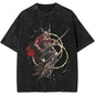 Black t-shirt with a graphic design of a red rose and two fish on a white background