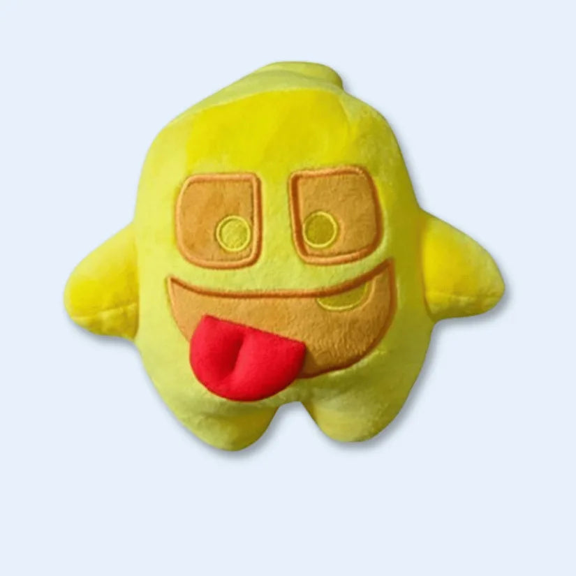 Yellow plush toy with a happy face on a light gray background