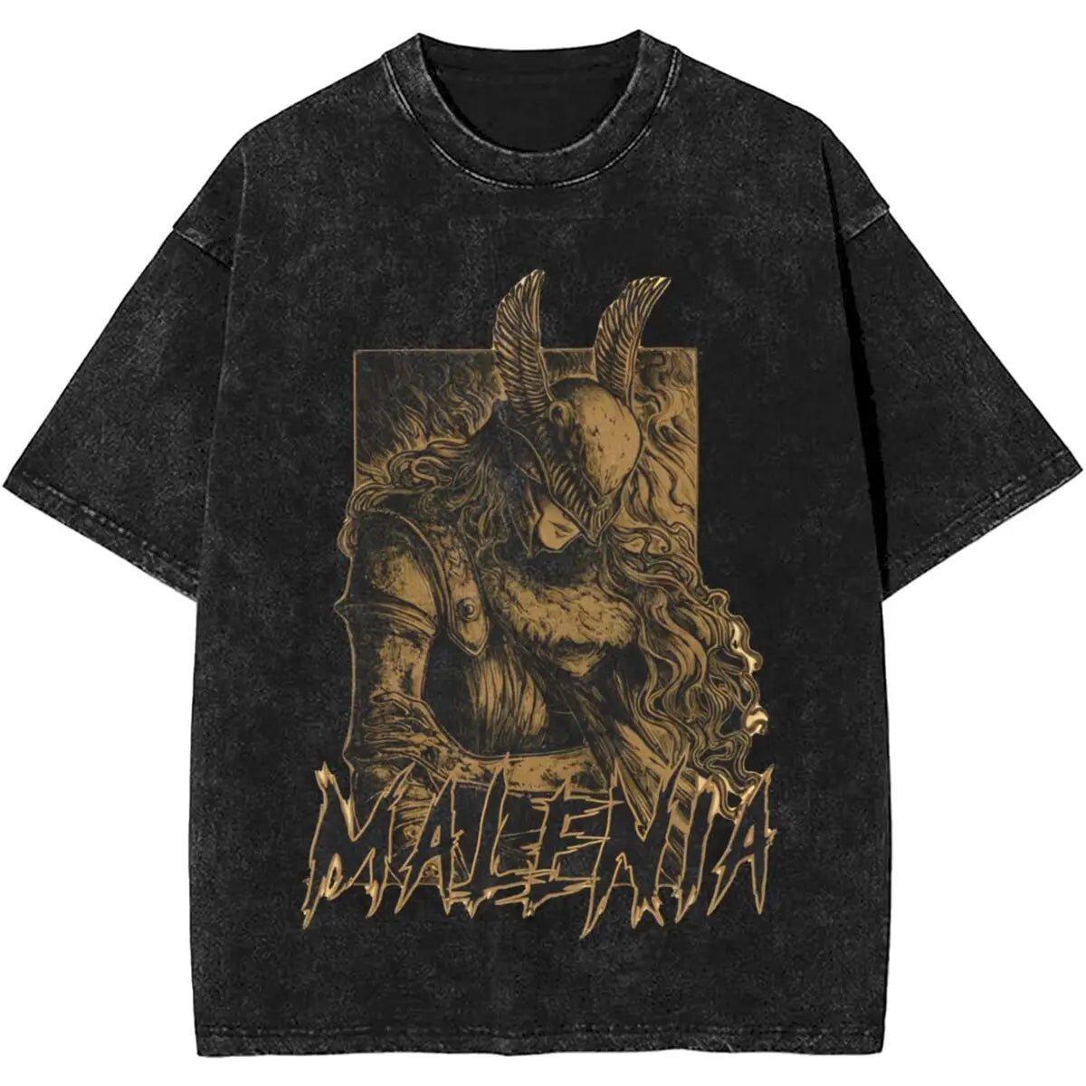 Black t-shirt with a graphic design of a warrior and 'Malenita' text on a white background