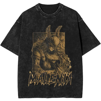 Black t-shirt with a graphic design of a warrior and 'Malenita' text on a white background
