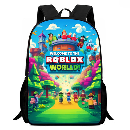 Backpack with Roblox world design on a white background