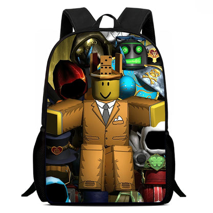 Backpack with a colorful design featuring a robot and various objects on a white background