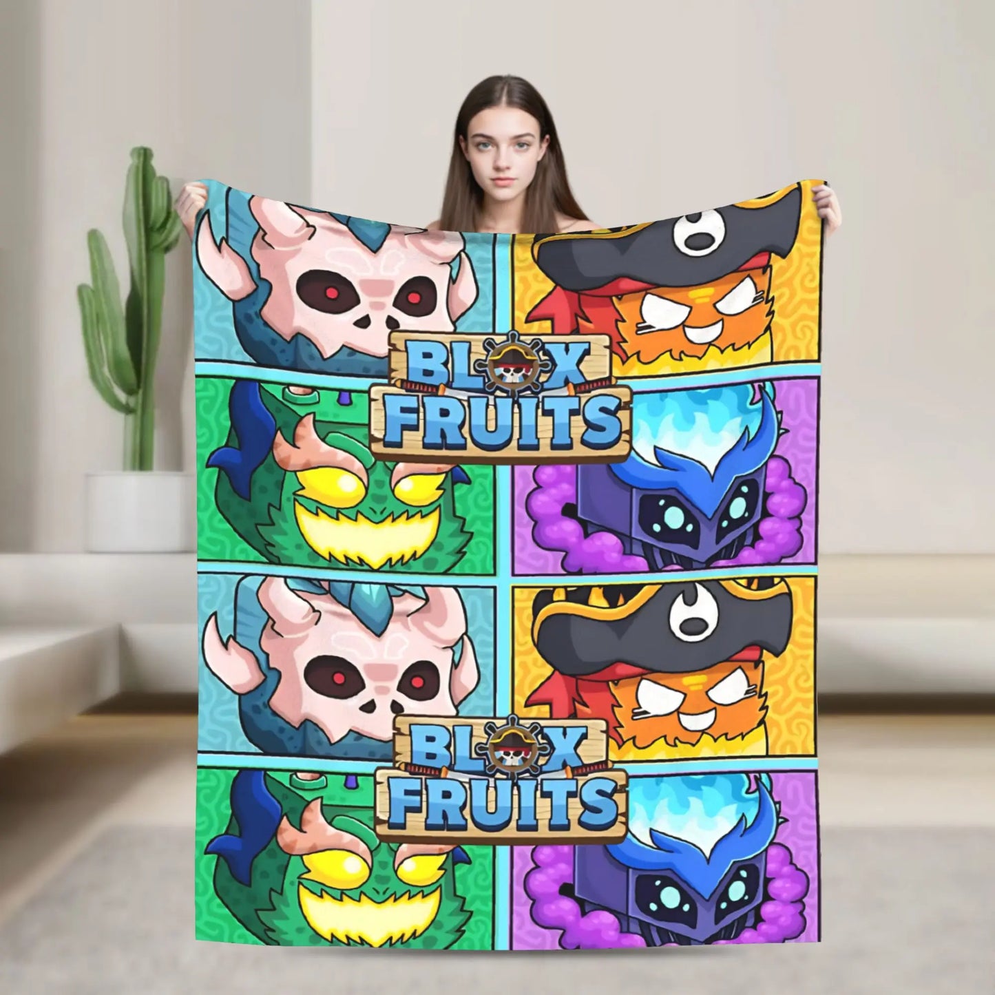 Person holding a colorful 'Blox Fruits' towel with character designs.