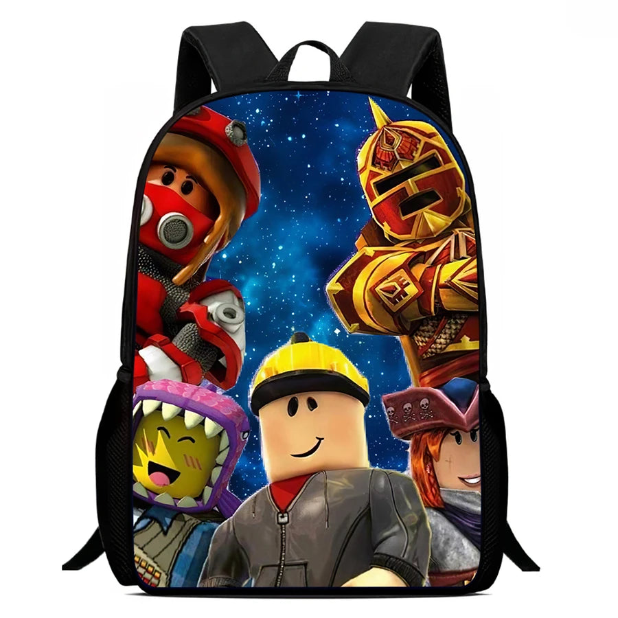Backpack with colorful character design on a white background