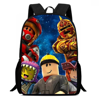 Backpack with colorful character design on a white background