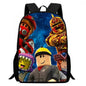 Backpack with colorful character design on a white background