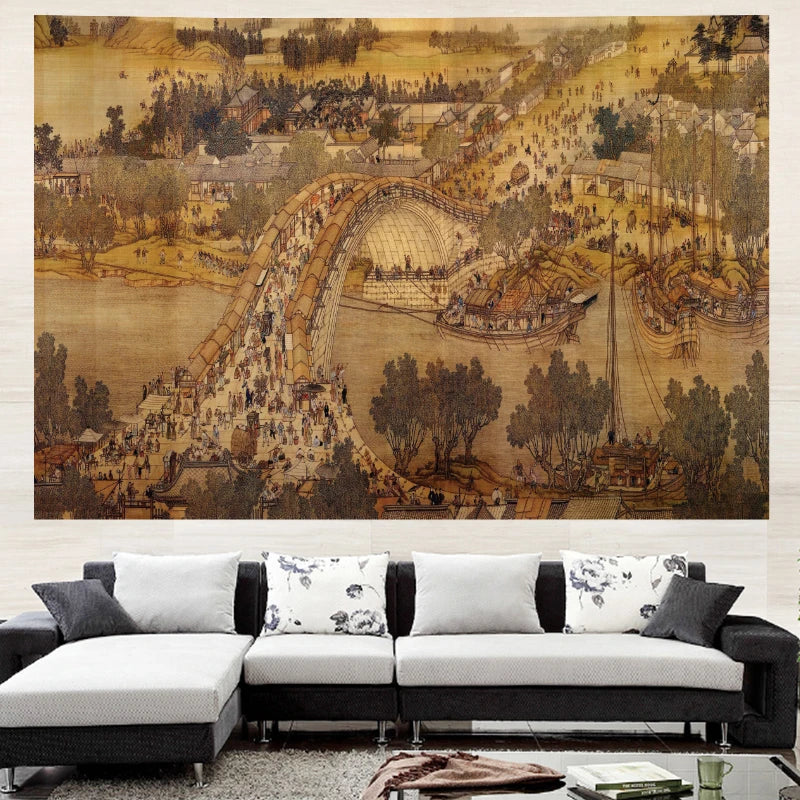 A large traditional Chinese landscape scroll painting mounted on a light beige wall above a modern white and black sectional sofa with decorative pillows.
