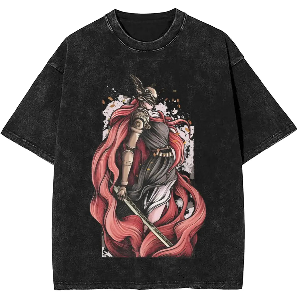 Black t-shirt with a graphic design of a warrior with red hair and a spear on a white background