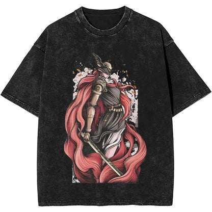 Black t-shirt with a graphic design of a warrior with red hair and a spear on a white background