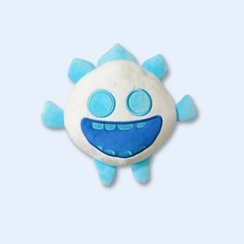 Plush toy with a blue and white design on a light gray background