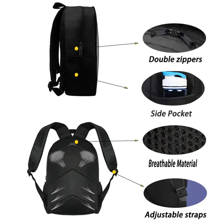Black backpack with features highlighted on a white background