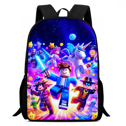 Backpack with colorful character design on a white background