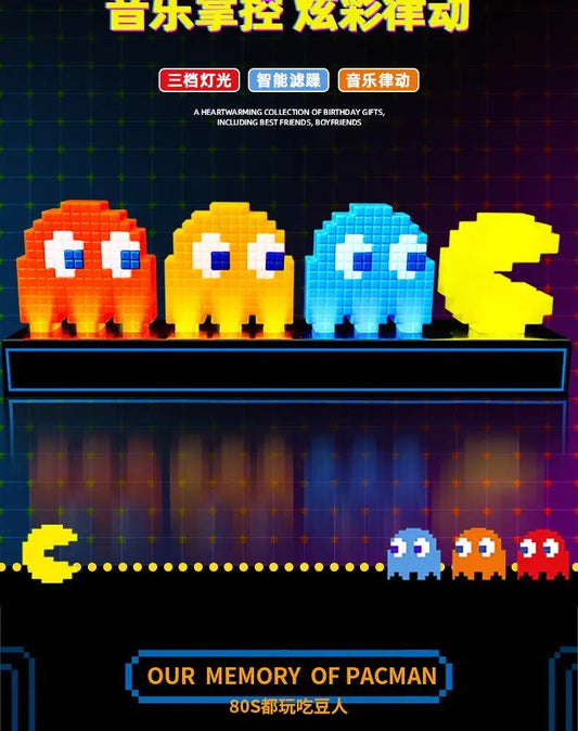 Pixelated Pac-Man characters with colorful lights on a dark background