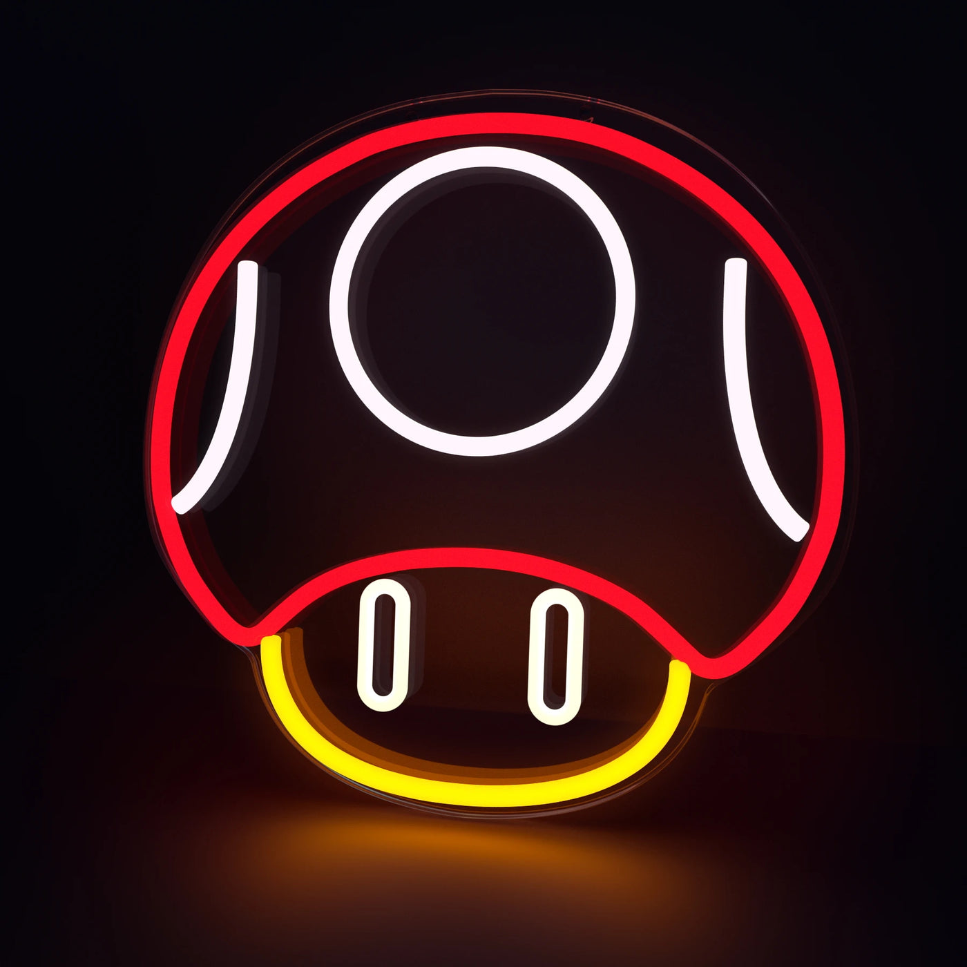 a close up of a neon sign with a mushroom on it