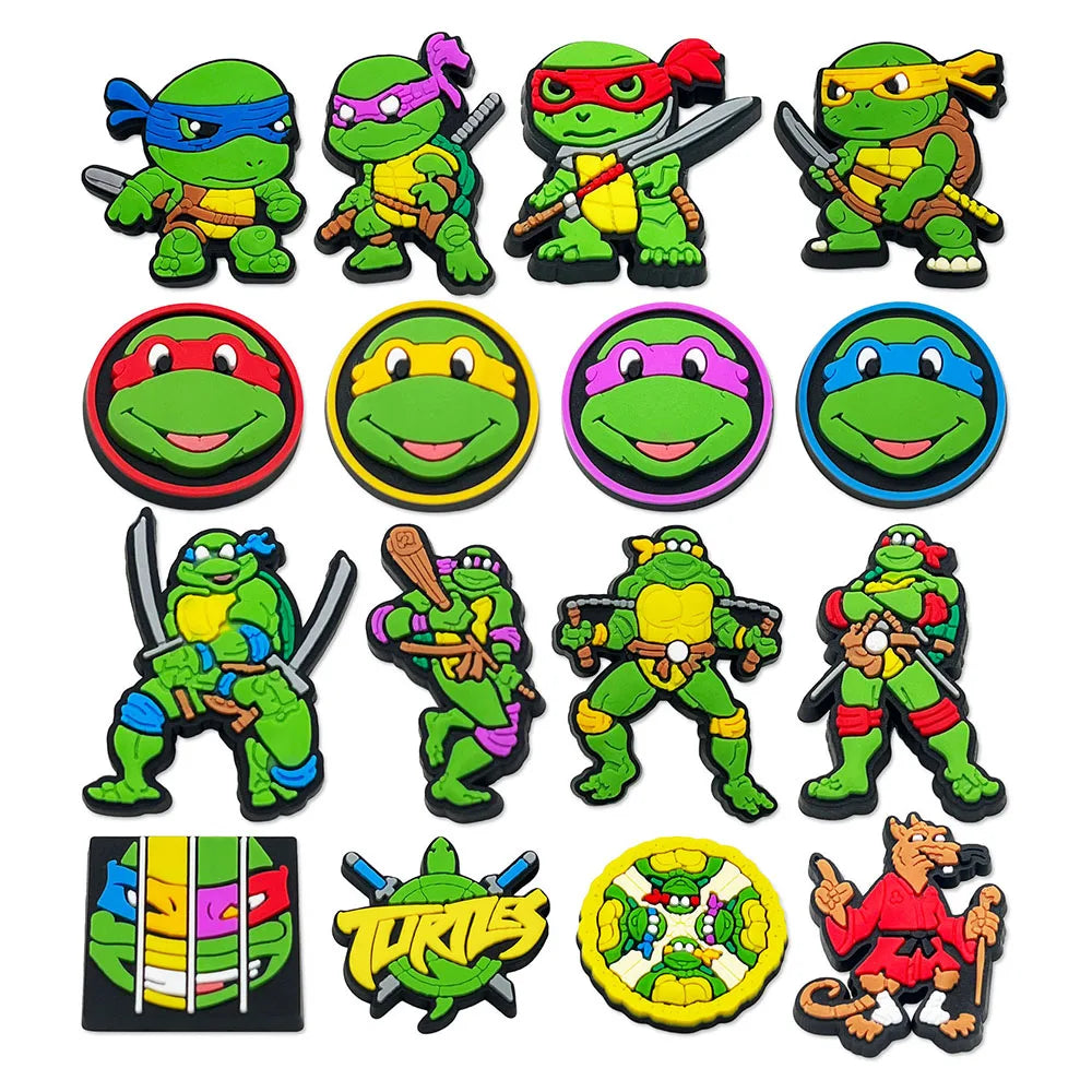 Collection of Teenage Mutant Ninja Turtles-themed items including figures and stickers on a white background.