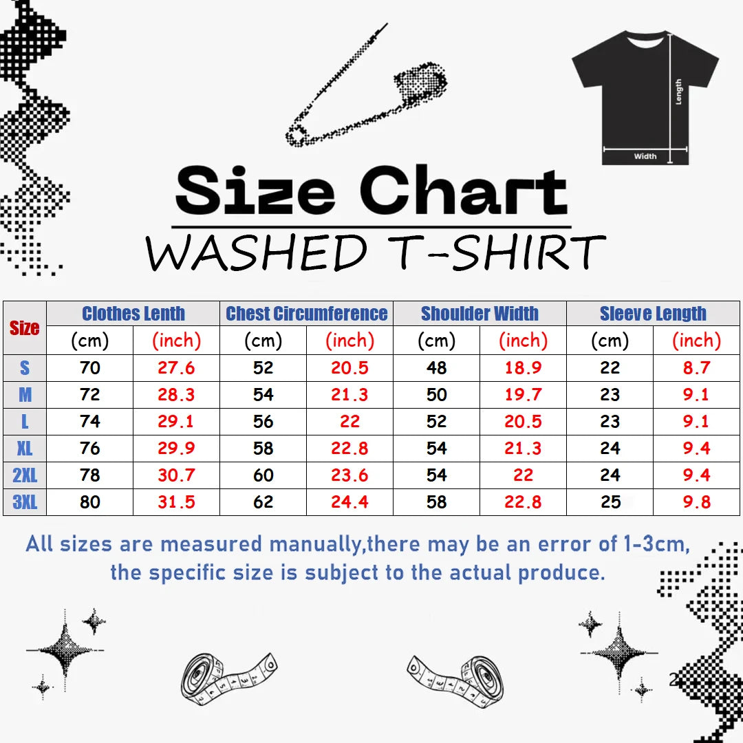 Size chart for washed t-shirts with measurements in centimeters and inches.