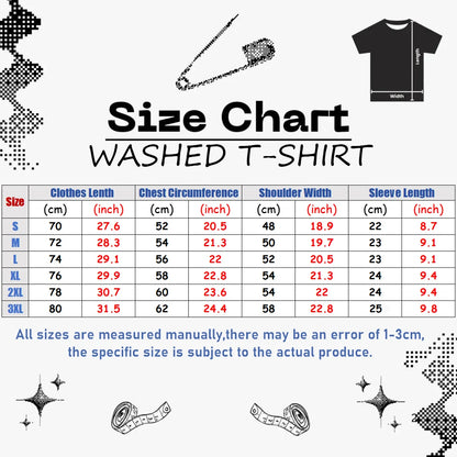 Size chart for washed t-shirts with measurements in centimeters and inches.
