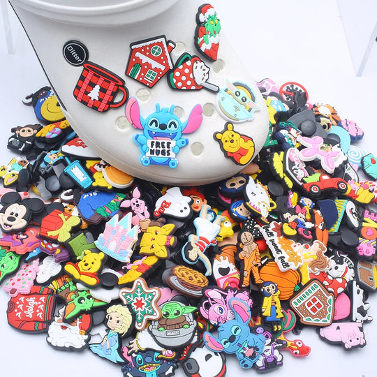 10-200 pieces of assorted, random, PVC Croc charms, including fox, koala, bat, and devil designs, perfect for gifts.
