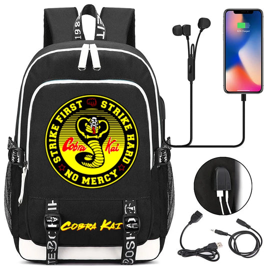 High Quality Anime Cobra Kai School Bag - USB Charging Backpack for Teens Boys Girls Men Women - Travel Laptop Bookbag