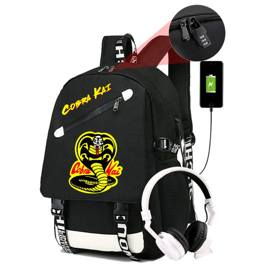 High Quality Anime Cobra Kai School Bag - USB Charging Backpack for Teens Boys Girls Men Women - Travel Laptop Bookbag