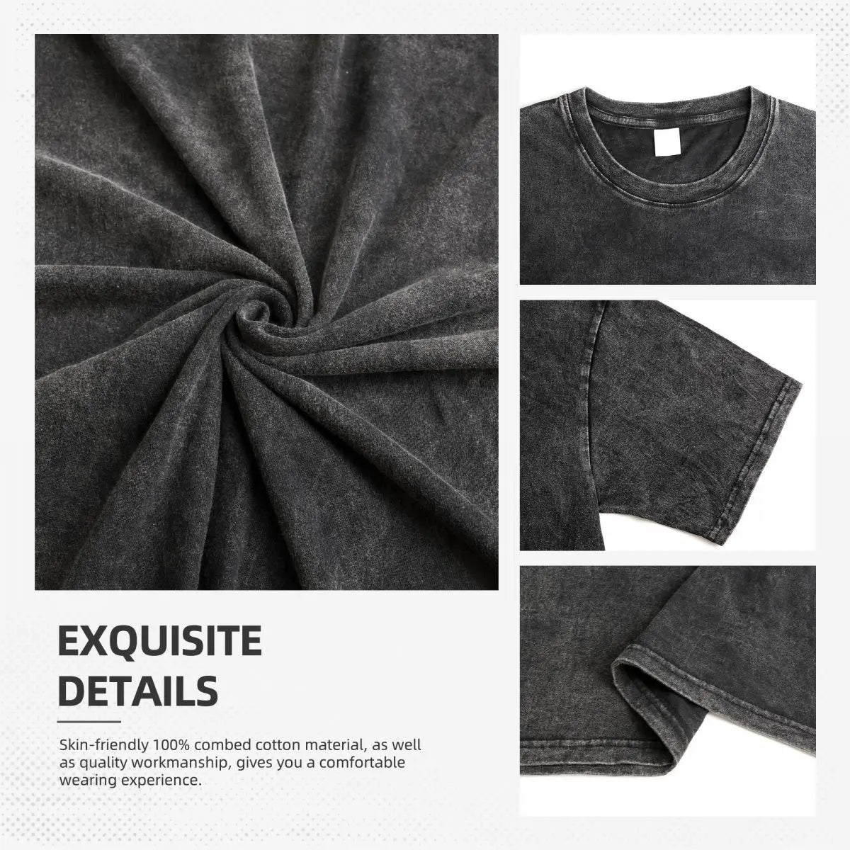 Gray t-shirt fabric and t-shirt with text about material and workmanship.