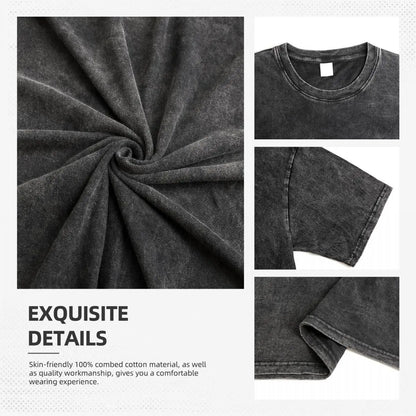 Gray t-shirt fabric and t-shirt with text about material and workmanship.