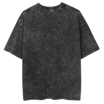 Black distressed t-shirt on a white background