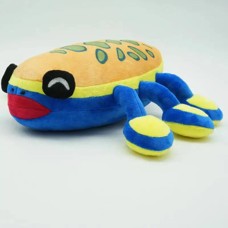 Colorful plush frog toy on a light gray background