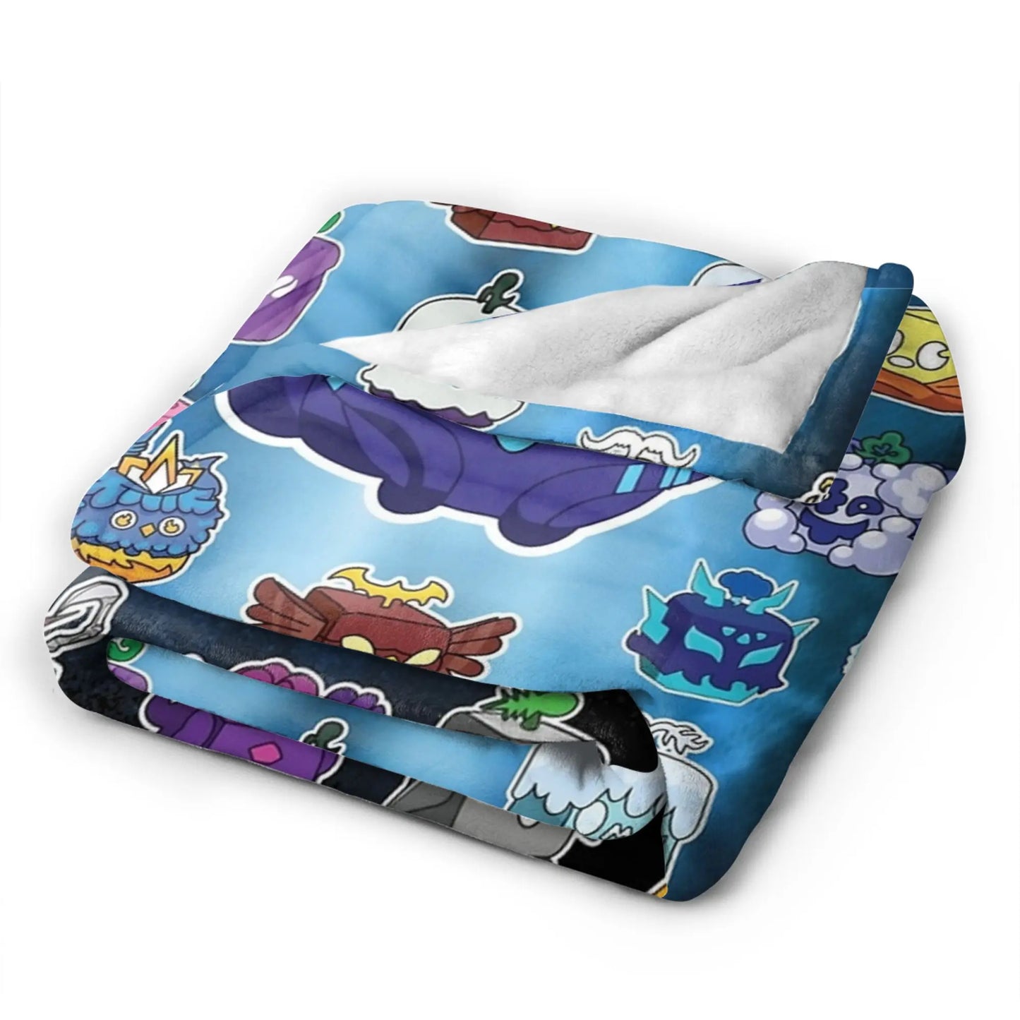 Colorful cartoon-patterned blanket on a white background