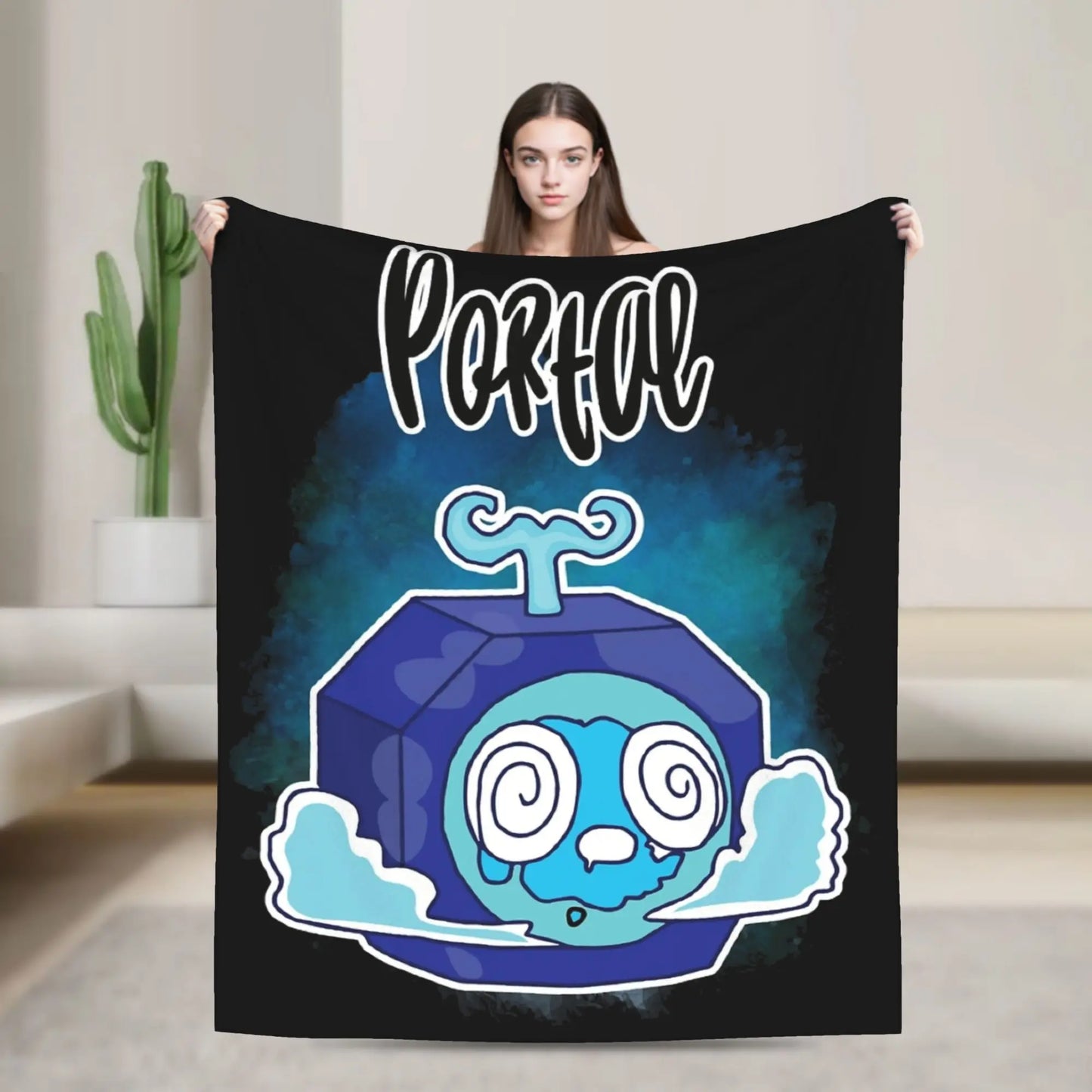Person holding a blanket with a cartoon character and 'Portal' text in a room.