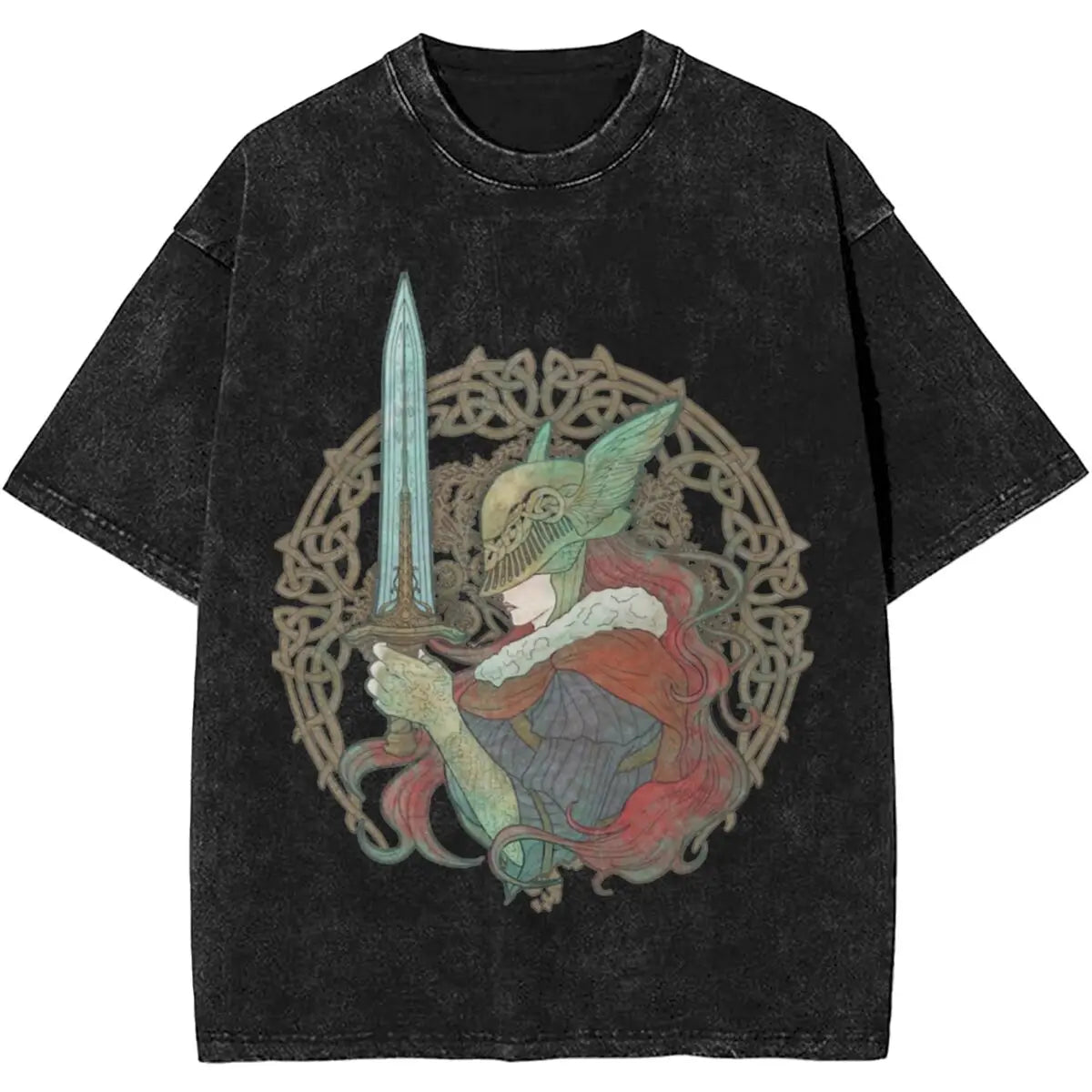 Black t-shirt with a colorful graphic of a character holding a sword on a white background