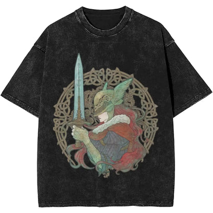 Black t-shirt with a colorful graphic of a character holding a sword on a white background