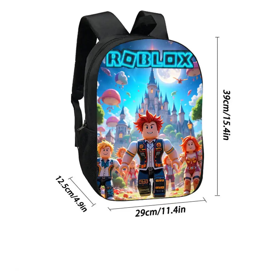 Backpack with Roblox design featuring characters and a castle, with dimensions indicated.