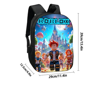 Backpack with Roblox design featuring characters and a castle, with dimensions indicated.