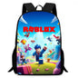 Backpack with Roblox design featuring characters and colorful landscape