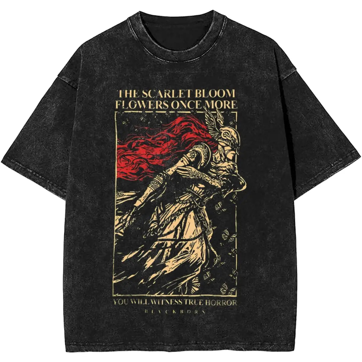 Black t-shirt with graphic design of a warrior and text on a white background