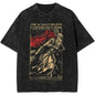 Black t-shirt with graphic design of a warrior and text on a white background