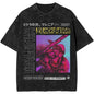 Black t-shirt with graphic design featuring a character and text on a white background