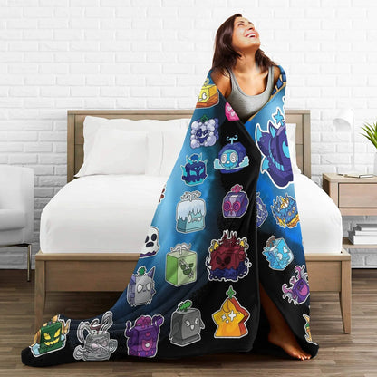 Person wrapped in a colorful blanket with cartoon character designs in a bedroom setting.