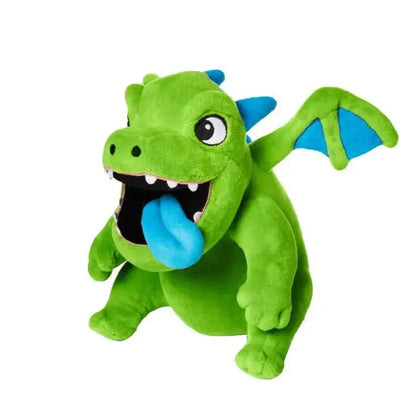 Green plush dragon toy with blue accents on a white background